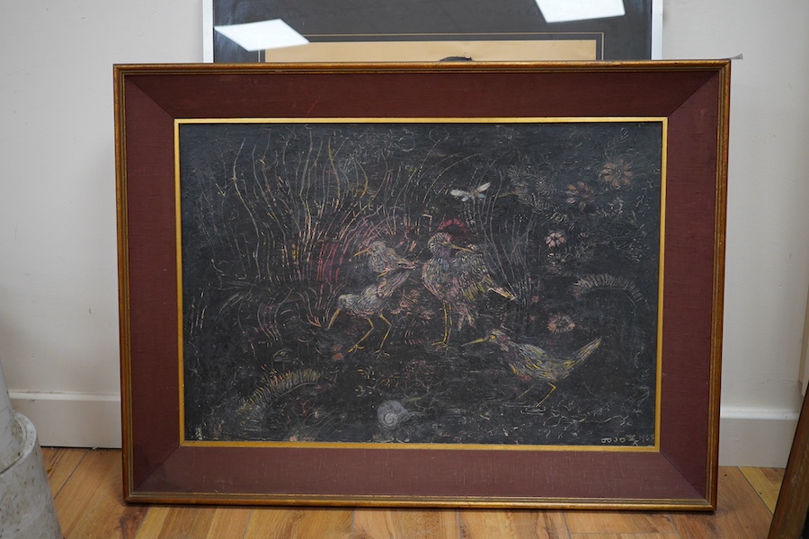 Jo Jo, mid 20th century New Zealand School, oil on board, Kiwis in undergrowth, signed and dated 1965, 50 x 73cm. Condition - fair